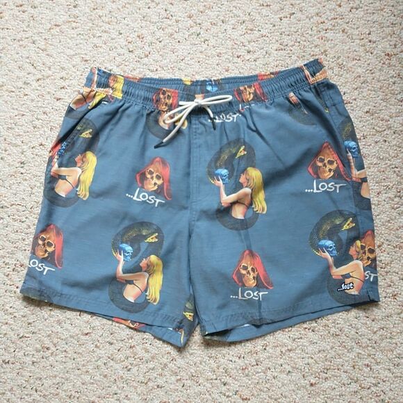 Lost Board Shorts Swim Mens L/M*Gray Skull Naked Snake Women Surf Goth - Picture 1 of 8